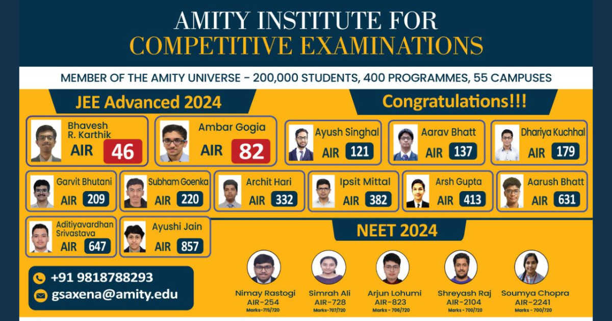 Amity Institute for Competitive Examinations (AICE) Achieved Remarkable Success in JEE Advanced 2024 and NEET 2024